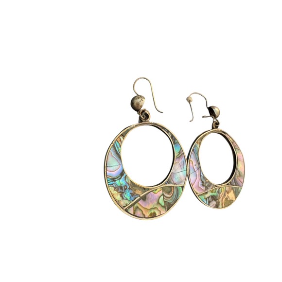 Abalone Inlay Hoop Earrings Silver Made in Mexico - Picture 2 of 9